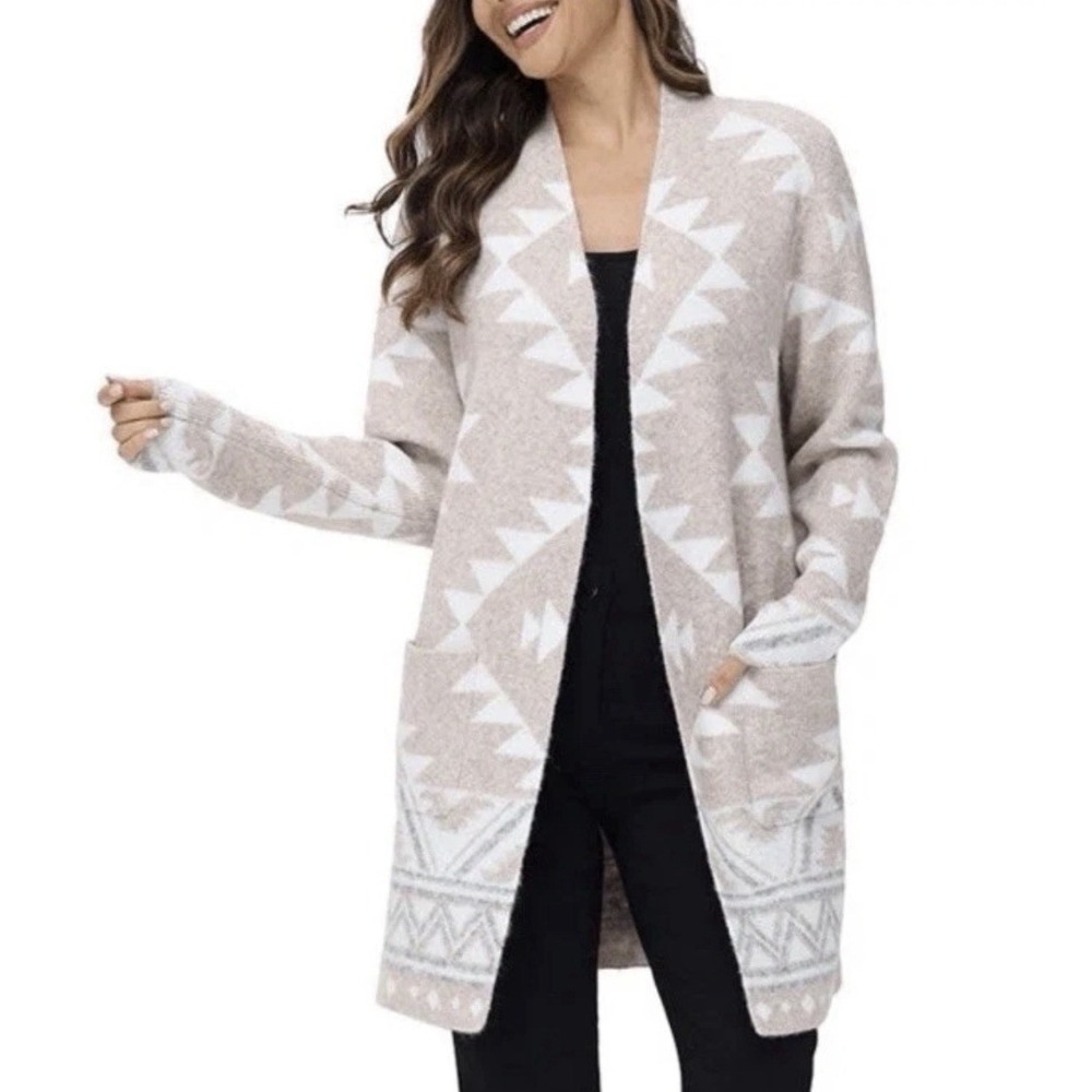 FRYE Women's Tan & Cream Aztec Print Open Front Cardigan Sweater L